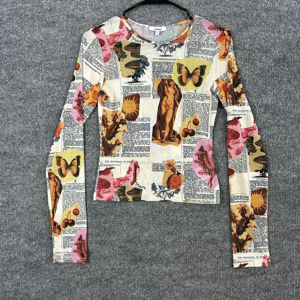 Miaou Top Medium Long Sleeve Tee in Botany Dictionary Flower Mesh Artsy Indie - Picture 1 of 10